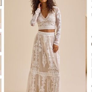 Altared State Arissa 2-piece nude burgundy floral lace skirt set size LXL